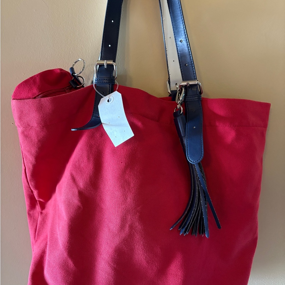 Olsen Europe Red Canvas Tote Bag with Blue Straps - Picture 11 of 14